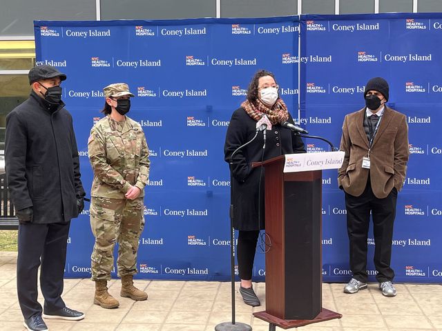 Coney Island Hospital holds a welcome ceremony for the military medical team, featuring (from left) Congressman Hakeem Jeffries; Major Hollye Cottle, the officer in charge of the team; Svetlana Lipyanskaya, CEO of Coney Island Hospital; and Dr. Mitchell Katz, president and CEO of NYC Health + Hospitals, January 24th, 2022.